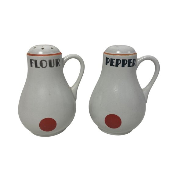 Vintage Hall China Pepper Flour Shaker Red Dot White Ceramic Mid Century Modern - Picture 1 of 7